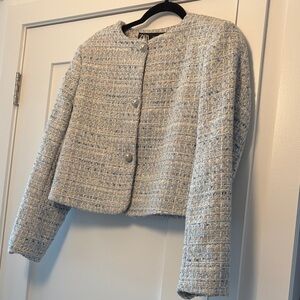 Zara Women's Tweed Blazer in Cream and Gray